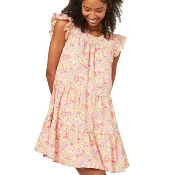 Hayden Los Angeles Floral Ruffle Sleeve Tiered Dress Pink Multi Size S - Picture 1 of 13
